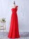 Red One Shoulder Lace Up Hand Made Flower Bridesmaid Dresses Sleeveless
