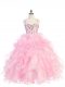 Sleeveless Organza Floor Length Lace Up Little Girls Pageant Gowns in Baby Pink with Beading and Ruffles
