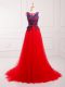 Scoop Sleeveless Junior Homecoming Dress Brush Train Lace and Appliques Red Tulle
