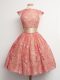 Watermelon Red Ball Gowns High-neck Cap Sleeves Lace Knee Length Lace Up Belt Dama Dress