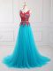 Beauteous Aqua Blue Zipper Scoop Lace and Appliques Prom Evening Gown Tulle Sleeveless Brush Train