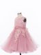 Knee Length Pink Little Girls Pageant Dress Tulle Sleeveless Appliques and Hand Made Flower