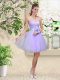 Latest Sleeveless Tulle Knee Length Lace Up Wedding Party Dress in Lilac with Lace and Belt
