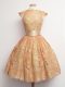 Belt Court Dresses for Sweet 16 Gold Lace Up Cap Sleeves Knee Length