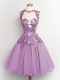 Custom Fit Sleeveless Chiffon Knee Length Lace Up Damas Dress in Lilac with Lace