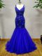 Charming Royal Blue Sleeveless Brush Train Beading Womens Party Dresses