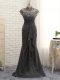 Black Cap Sleeves Floor Length Lace and Ruching Zipper Mother of the Bride Dress