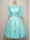 Elegant Knee Length Lace Up Wedding Party Dress Aqua Blue for Prom and Party and Wedding Party with Lace