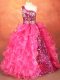 Hot Pink Ball Gowns One Shoulder Sleeveless Organza Floor Length Lace Up Beading and Ruffles and Sequins Party Dress