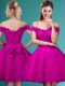 Fuchsia Tulle Lace Up Bridesmaid Gown Cap Sleeves Knee Length Lace and Belt