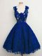 Dynamic Royal Blue A-line Lace Straps Sleeveless Lace Knee Length Lace Up Bridesmaid Gown