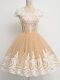 Champagne A-line Lace Wedding Party Dress Zipper Tulle Cap Sleeves Knee Length