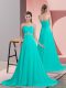 Turquoise Chiffon Lace Up Prom Dress Sleeveless Brush Train Beading