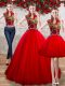 Great Red Ball Gowns Organza High-neck Sleeveless Appliques Floor Length Lace Up Quinceanera Dress