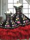 Red And Black Sleeveless Embroidery and Ruffled Layers Floor Length Quinceanera Dresses