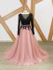 Amazing Pink And Black Evening Dress Prom and Party with Lace and Appliques and Sashes ribbons Scoop Long Sleeves Brush Train Zipper