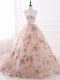 Fancy Pink Prom Evening Gown Organza and Printed Brush Train Sleeveless Lace and Appliques and Belt