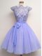 Lavender Chiffon Lace Up Dama Dress Cap Sleeves Knee Length Lace and Belt