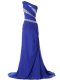 Blue Column/Sheath Beading and Ruching Prom Dresses Lace Up Chiffon Sleeveless