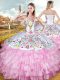 Latest Rose Pink Lace Up Sweetheart Embroidery and Ruffled Layers Ball Gown Prom Dress Organza and Taffeta Sleeveless