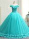 Customized Aqua Blue Ball Gowns Tulle Off The Shoulder Sleeveless Hand Made Flower Lace Up Sweet 16 Dress Court Train