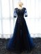Decent Half Sleeves Tulle Floor Length Lace Up Prom Gown in Navy Blue with Lace and Appliques