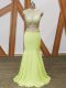 Flare Yellow Green Sleeveless Floor Length Beading and Lace and Appliques Zipper Dress for Prom