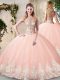 Scoop Sleeveless Backless Quinceanera Dresses Peach Tulle