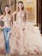 Fashionable Sleeveless Beading and Ruffles Lace Up 15th Birthday Dress with Peach Brush Train