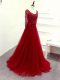 Super Wine Red Tulle Zipper Scoop Long Sleeves Celebrity Style Dress Brush Train Beading and Lace and Belt