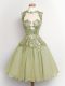 Graceful Knee Length Lace Up Bridesmaid Gown Olive Green for Prom and Party and Wedding Party with Lace
