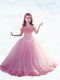 Sleeveless Tulle Court Train Lace Up Kids Formal Wear in Baby Pink with Hand Made Flower