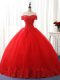 Charming Red Ball Gowns Off The Shoulder Sleeveless Tulle Floor Length Lace Up Beading and Ruffles Sweet 16 Dress