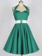 Dark Green A-line Halter Top Sleeveless Taffeta Knee Length Lace Up Belt Bridesmaids Dress