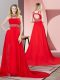 Backless Prom Evening Gown Red for Prom and Party and Military Ball with Beading Brush Train