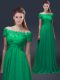 Eye-catching Green Off The Shoulder Neckline Appliques Mother of Groom Dress Short Sleeves Lace Up