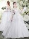 White A-line Tulle Scoop Half Sleeves Lace and Ruffles Lace Up Wedding Dress Brush Train