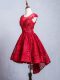 Traditional Red Lace Lace Up Prom Homecoming Dress Short Sleeves High Low Lace and Appliques and Belt