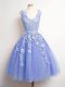 Latest Knee Length Lavender Quinceanera Court Dresses Tulle Sleeveless Lace