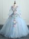 Spectacular Light Blue Long Sleeves Appliques and Hand Made Flower Floor Length Ball Gown Prom Dress