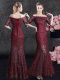 Mermaid Off the Shoulder Half Sleeves Lace Floor Length Lace Up Mother of Groom Dress in Wine Red with Lace