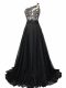 Black One Shoulder Side Zipper Beading and Lace Formal Evening Gowns Brush Train Sleeveless