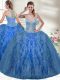 Blue Sleeveless Floor Length Beading and Ruffles Zipper 15th Birthday Dress