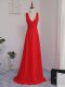 Red Empire Chiffon V-neck Sleeveless Ruching Floor Length Zipper Dama Dress for Quinceanera