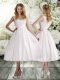 Nice Tea Length A-line Sleeveless White Wedding Dresses Lace Up