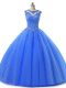 Adorable Blue Sleeveless Beading and Lace Floor Length Ball Gown Prom Dress
