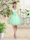 Apple Green A-line Tulle V-neck Sleeveless Lace and Belt Knee Length Lace Up Bridesmaid Gown