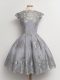 Grey Cap Sleeves Tulle Lace Up Wedding Party Dress for Prom and Party and Wedding Party