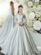 Pretty Lace Up Wedding Dress White for Wedding Party with Lace and Belt Chapel Train