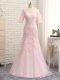 Artistic Baby Pink Column/Sheath V-neck Half Sleeves Tulle Floor Length Zipper Lace and Appliques Mother of Bride Dresses